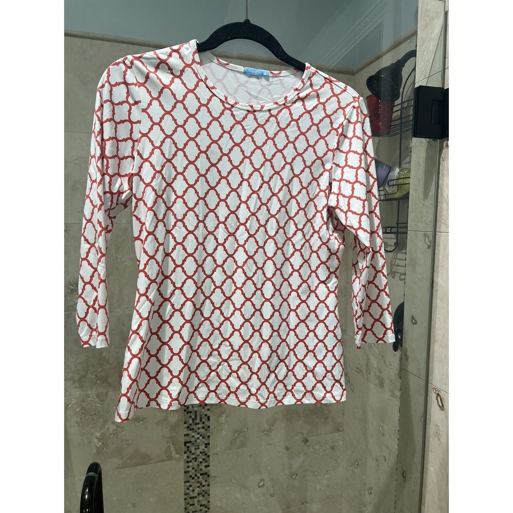 J McLaughlin Small Catalina Cloth White Orange Trellis Geometric 3/4 Sleeve Top